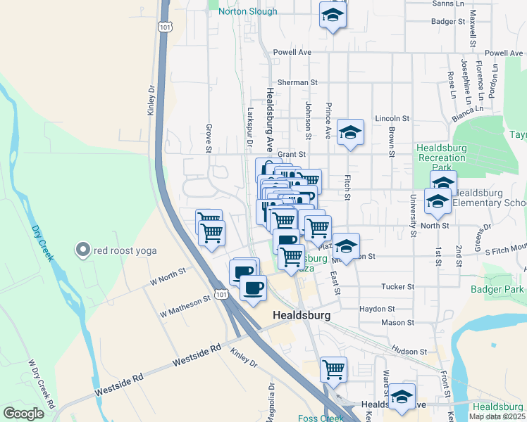 map of restaurants, bars, coffee shops, grocery stores, and more near 435 Foss Street in Healdsburg