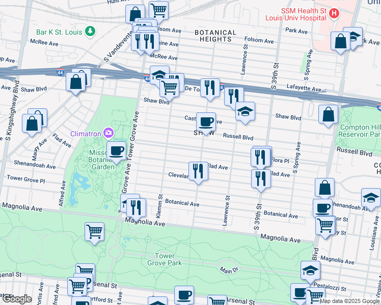 map of restaurants, bars, coffee shops, grocery stores, and more near 4122 Flora Place in St. Louis
