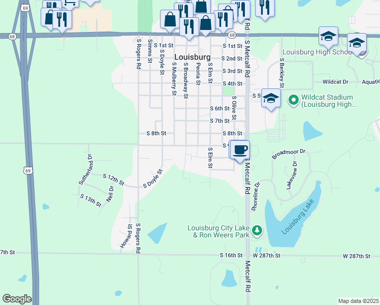 map of restaurants, bars, coffee shops, grocery stores, and more near 908 South Broadway Street in Louisburg