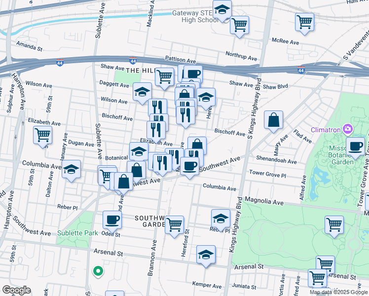 map of restaurants, bars, coffee shops, grocery stores, and more near 2324 Marconi Avenue in St. Louis