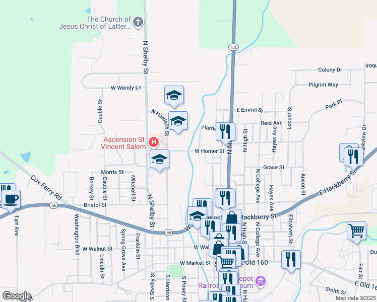 map of restaurants, bars, coffee shops, grocery stores, and more near West Homer Street in Salem
