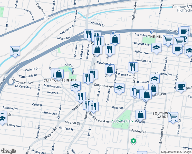 map of restaurants, bars, coffee shops, grocery stores, and more near 2500R Hampton Avenue in St. Louis
