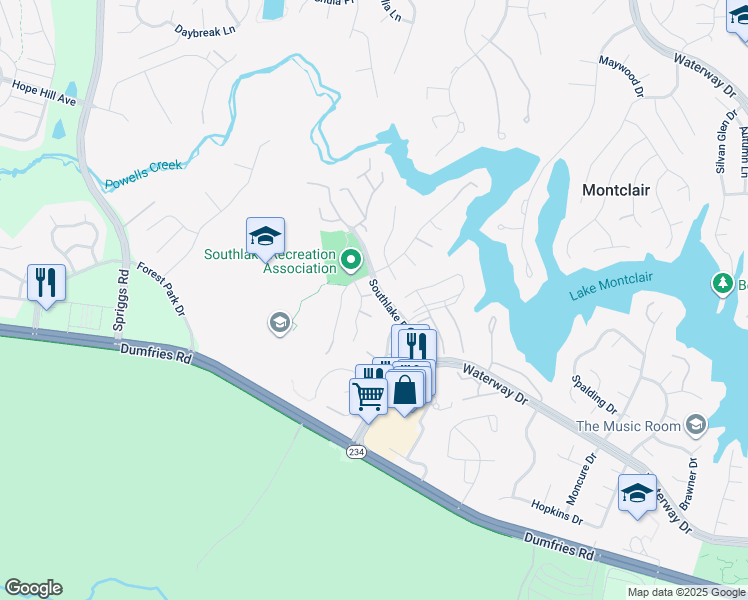 map of restaurants, bars, coffee shops, grocery stores, and more near 15673 Renton Court in Dumfries