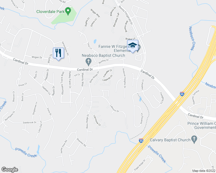 map of restaurants, bars, coffee shops, grocery stores, and more near 3335 Esquarre Court in Woodbridge