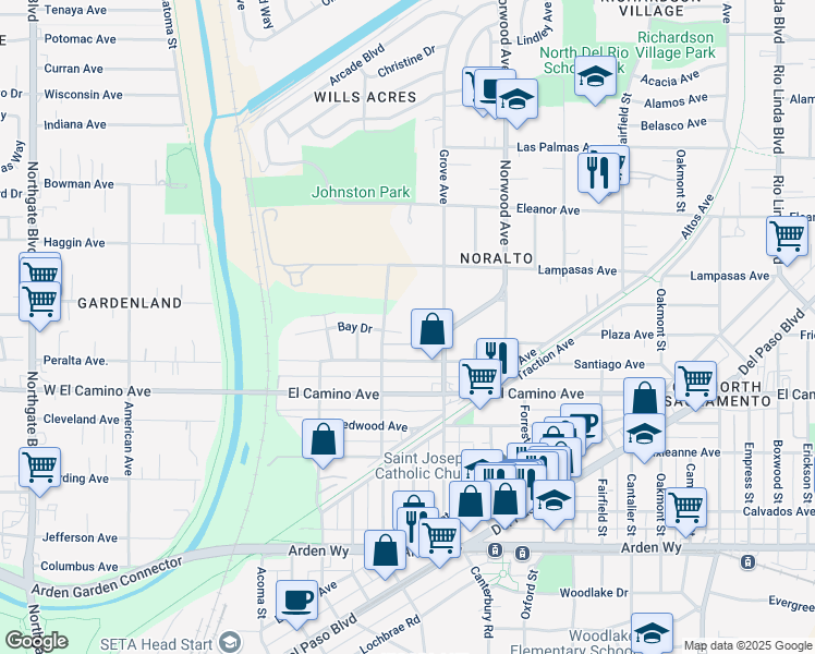 map of restaurants, bars, coffee shops, grocery stores, and more near 243 Bay Drive in Sacramento