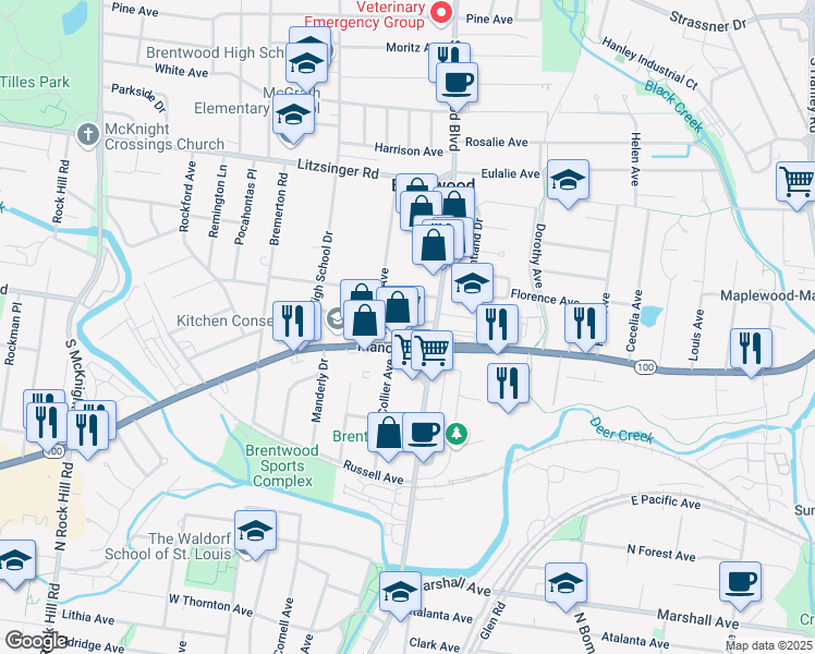 map of restaurants, bars, coffee shops, grocery stores, and more near 8822 Powell Avenue in Brentwood