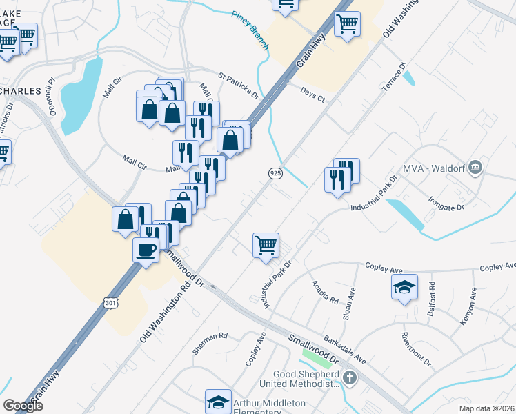 map of restaurants, bars, coffee shops, grocery stores, and more near 3604 Old Washington Road in Waldorf