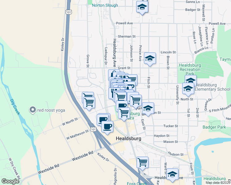map of restaurants, bars, coffee shops, grocery stores, and more near 435 Foss Street in Healdsburg