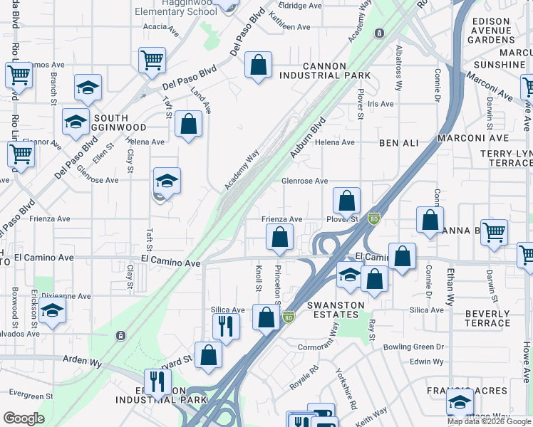 map of restaurants, bars, coffee shops, grocery stores, and more near 1551 Frienza Avenue in Sacramento