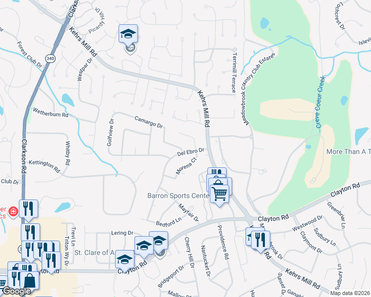 map of restaurants, bars, coffee shops, grocery stores, and more near 907 Camargo Drive in Ballwin