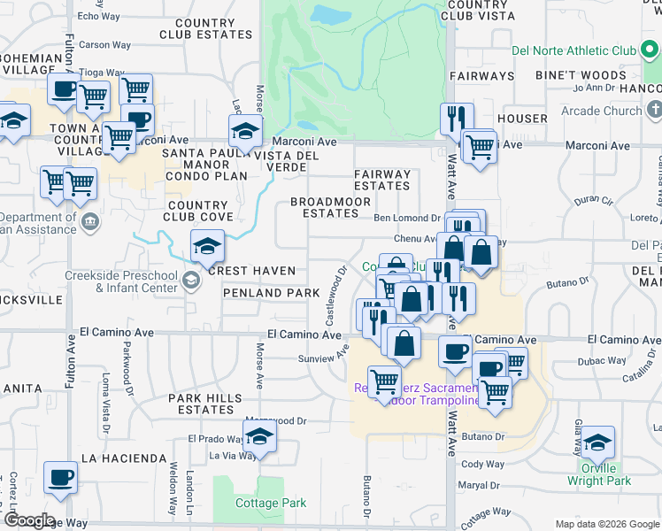 map of restaurants, bars, coffee shops, grocery stores, and more near 3220 Balmoral Drive in Sacramento