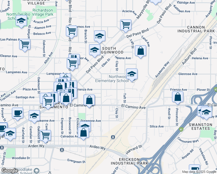 map of restaurants, bars, coffee shops, grocery stores, and more near 1131 Frienza Avenue in Sacramento