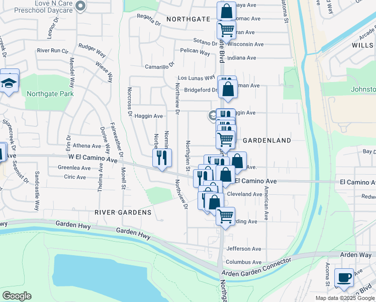 map of restaurants, bars, coffee shops, grocery stores, and more near 2600 Northview Drive in Sacramento