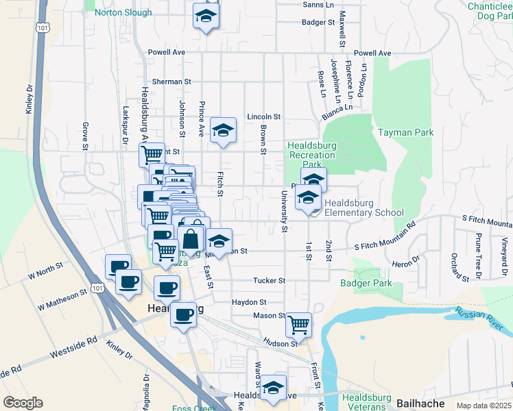 map of restaurants, bars, coffee shops, grocery stores, and more near 409 North Street in Healdsburg