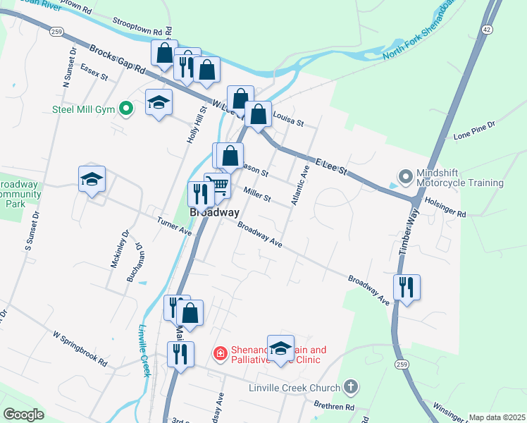 map of restaurants, bars, coffee shops, grocery stores, and more near 121 Church Street in Broadway