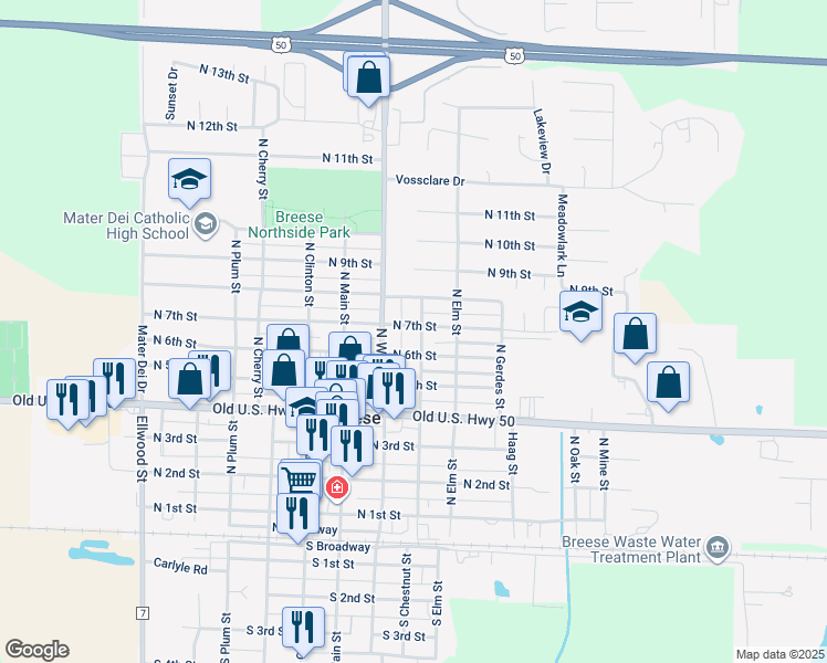 map of restaurants, bars, coffee shops, grocery stores, and more near 665 North Chestnut Street in Breese