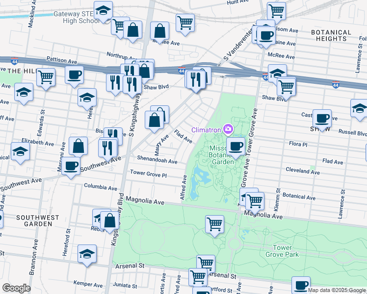 map of restaurants, bars, coffee shops, grocery stores, and more near 2123 Alfred Avenue in St. Louis