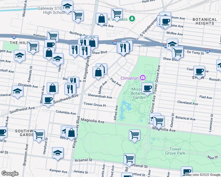 map of restaurants, bars, coffee shops, grocery stores, and more near 4514 Cleveland Avenue in St. Louis
