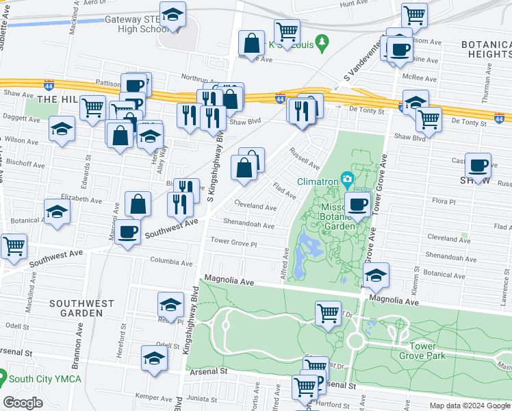 map of restaurants, bars, coffee shops, grocery stores, and more near 4514 Cleveland Avenue in St. Louis