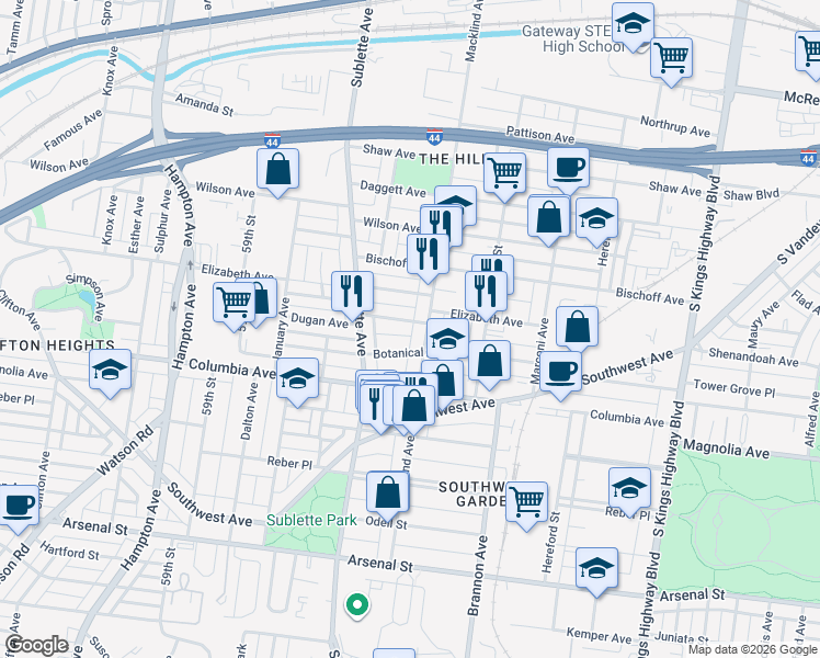 map of restaurants, bars, coffee shops, grocery stores, and more near 5430 Elizabeth Avenue in St. Louis