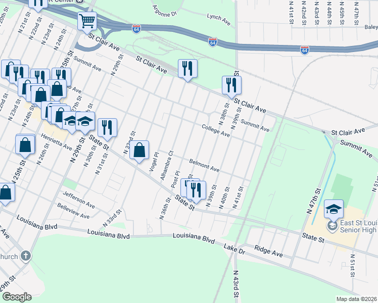map of restaurants, bars, coffee shops, grocery stores, and more near 706 Post Place in East St. Louis