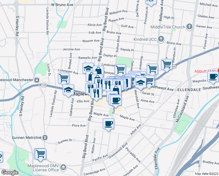 map of restaurants, bars, coffee shops, grocery stores, and more near in St. Louis