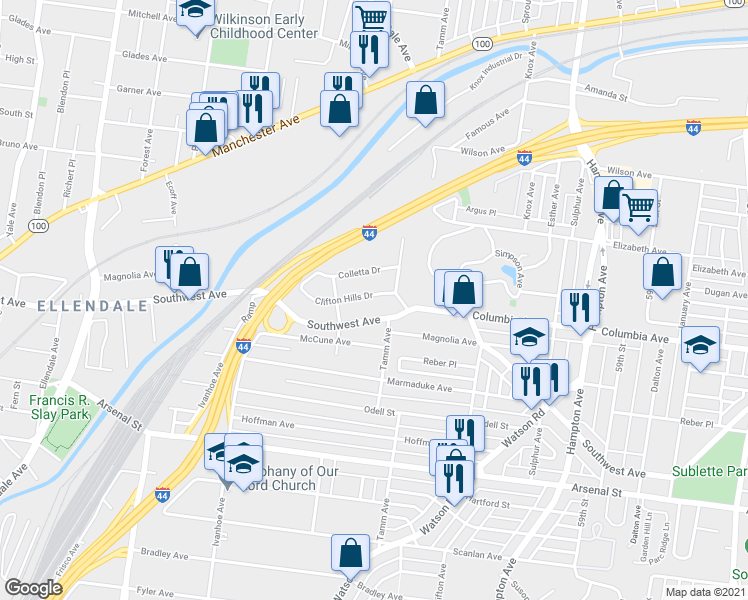 map of restaurants, bars, coffee shops, grocery stores, and more near 6420 Clifton Hills Drive in St. Louis