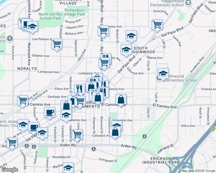 map of restaurants, bars, coffee shops, grocery stores, and more near in Sacramento