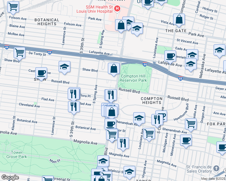 map of restaurants, bars, coffee shops, grocery stores, and more near 2107 South Grand Boulevard in St. Louis