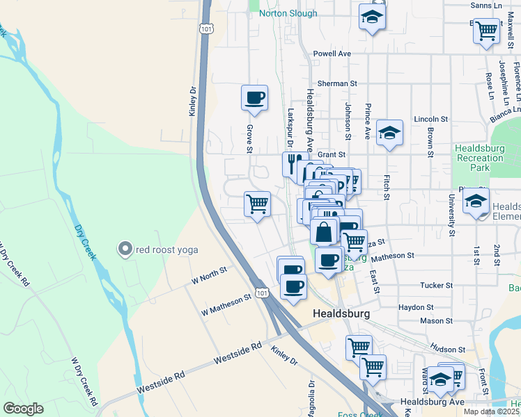 map of restaurants, bars, coffee shops, grocery stores, and more near 486 Moore Lane in Healdsburg