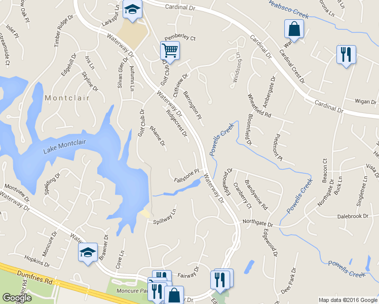 map of restaurants, bars, coffee shops, grocery stores, and more near 15688 Pike Trail in Dumfries