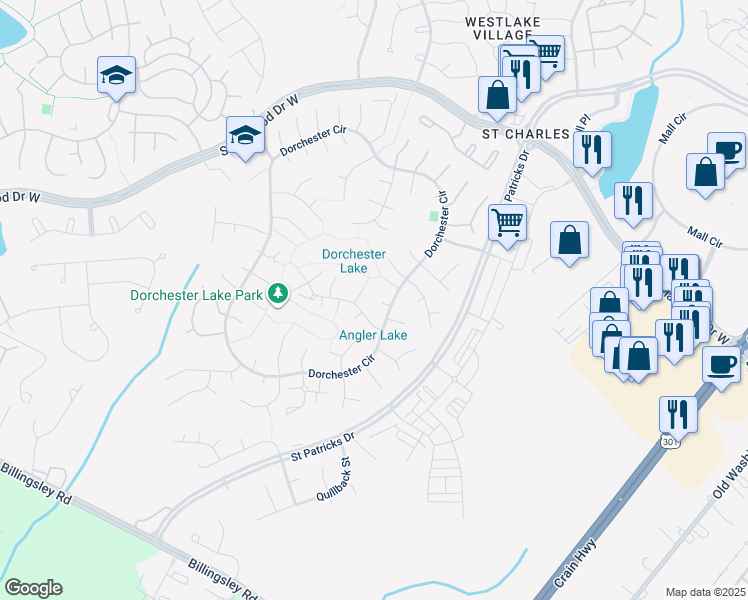 map of restaurants, bars, coffee shops, grocery stores, and more near 5007 Manta Court in Waldorf
