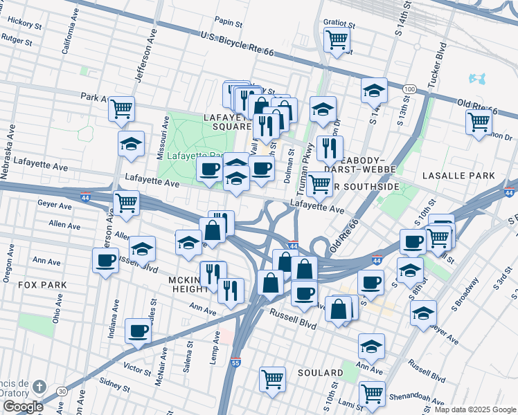 map of restaurants, bars, coffee shops, grocery stores, and more near 1731 South 18th Street in Saint Louis