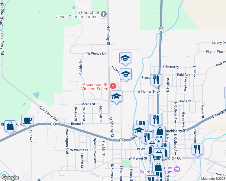 map of restaurants, bars, coffee shops, grocery stores, and more near 911 North Shelby Street in Salem
