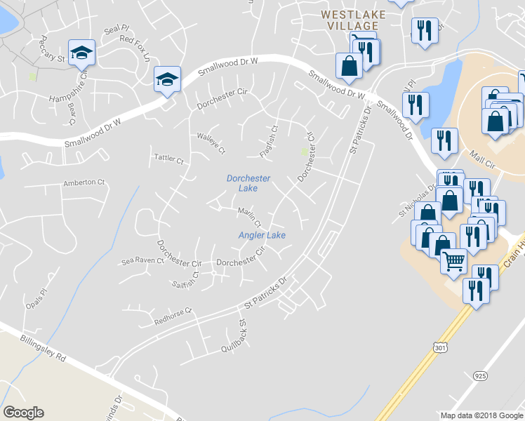 map of restaurants, bars, coffee shops, grocery stores, and more near 5007 Manta Court in Waldorf
