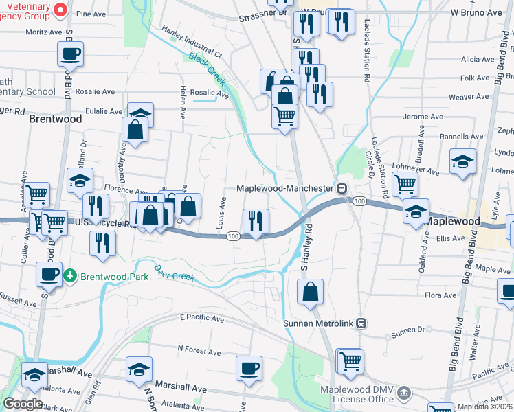 map of restaurants, bars, coffee shops, grocery stores, and more near 2628 Porter Avenue in Brentwood