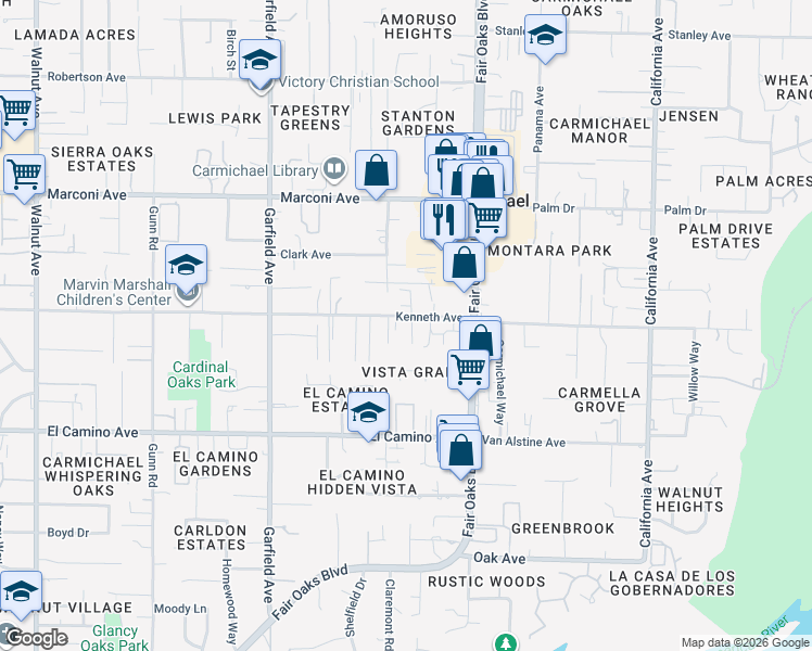map of restaurants, bars, coffee shops, grocery stores, and more near 5710 Kenneth Avenue in Carmichael