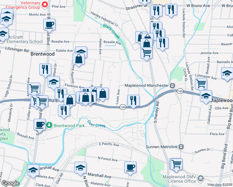 map of restaurants, bars, coffee shops, grocery stores, and more near 2635 Louis Avenue in Brentwood