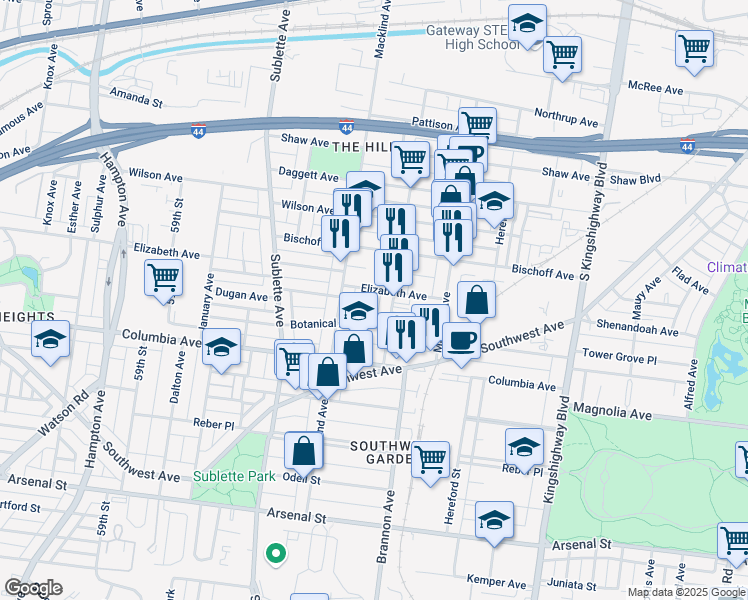 map of restaurants, bars, coffee shops, grocery stores, and more near 2315 Edwards Street in St. Louis