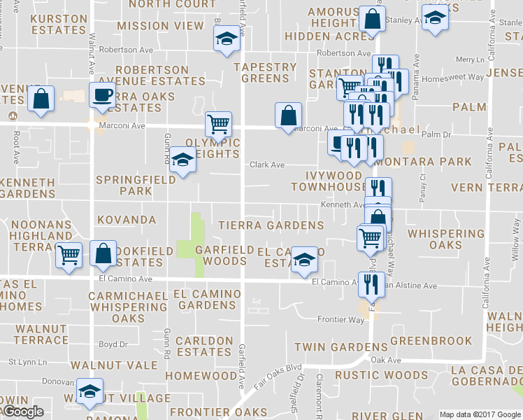 map of restaurants, bars, coffee shops, grocery stores, and more near 5530 Kenneth Avenue in Carmichael