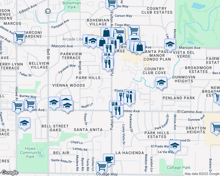 map of restaurants, bars, coffee shops, grocery stores, and more near 2621 Fulton Avenue in Sacramento