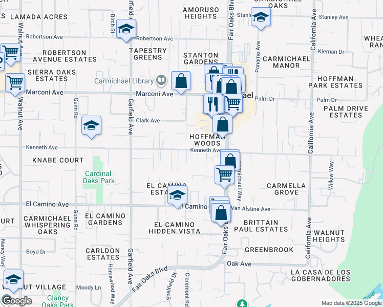 map of restaurants, bars, coffee shops, grocery stores, and more near 5710 Kenneth Avenue in Carmichael
