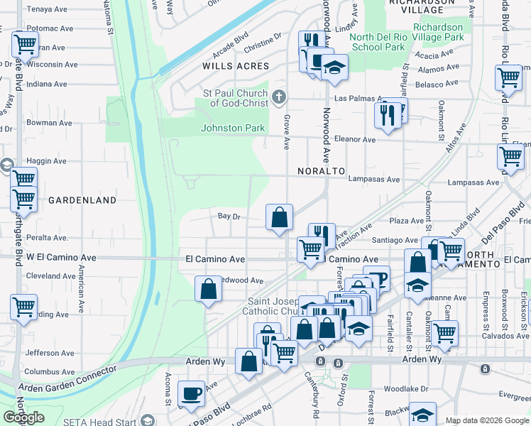 map of restaurants, bars, coffee shops, grocery stores, and more near 243 Bay Drive in Sacramento