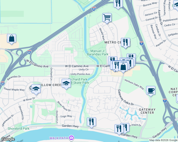 map of restaurants, bars, coffee shops, grocery stores, and more near 380 Unity Circle in Sacramento