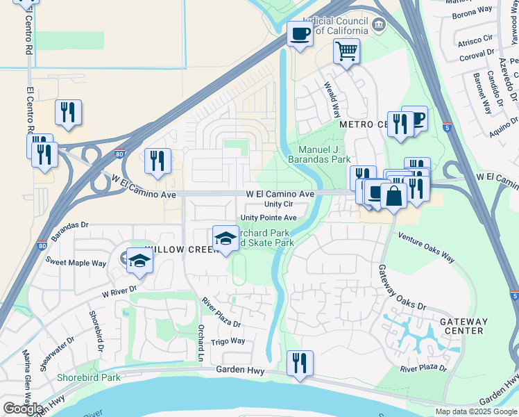 map of restaurants, bars, coffee shops, grocery stores, and more near 2861 Unity Pointe Avenue in Sacramento