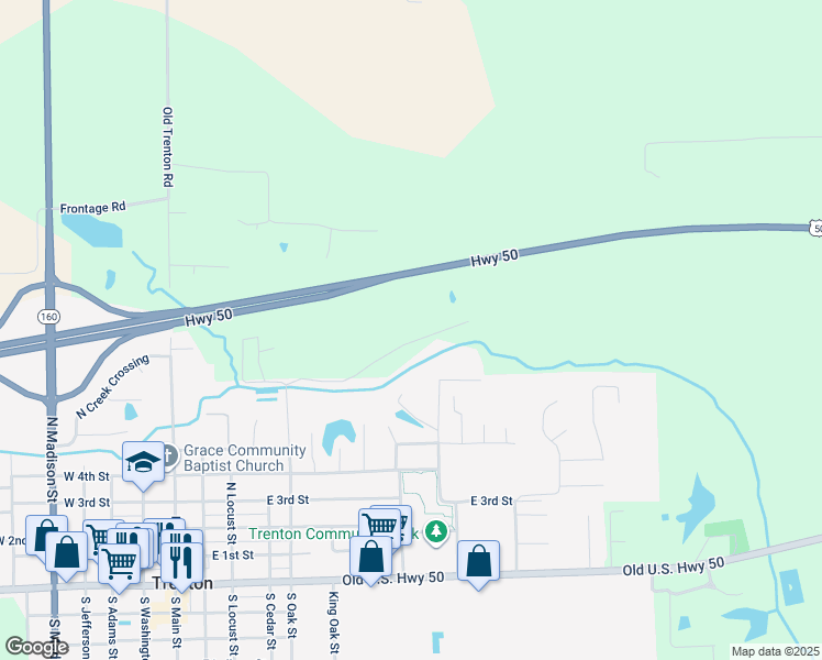 map of restaurants, bars, coffee shops, grocery stores, and more near 800 North Oak Street in Trenton