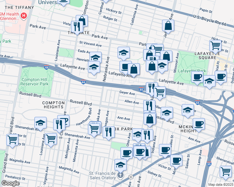 map of restaurants, bars, coffee shops, grocery stores, and more near 1921 California Avenue in St. Louis