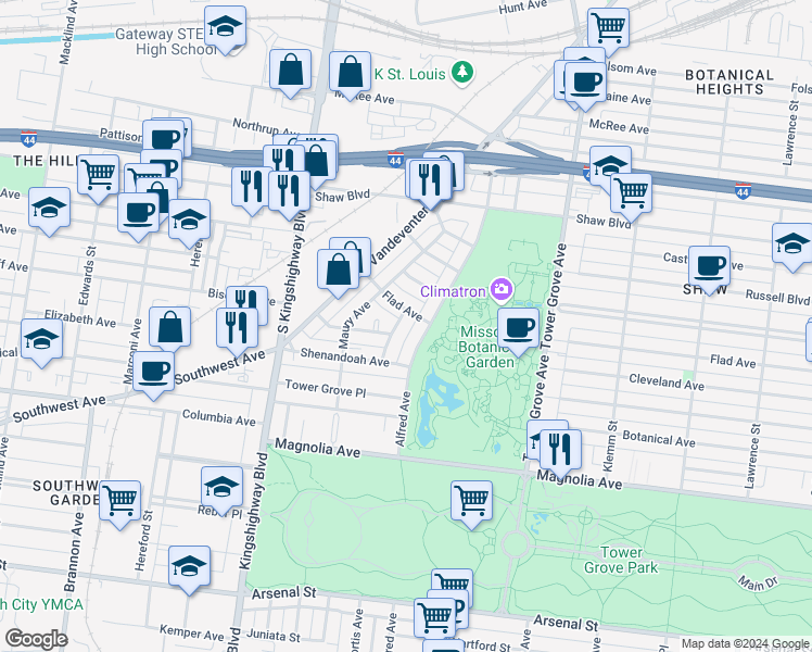map of restaurants, bars, coffee shops, grocery stores, and more near 2123 Alfred Avenue in St. Louis