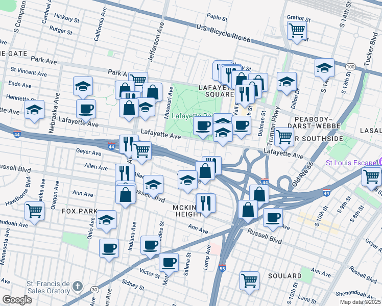 map of restaurants, bars, coffee shops, grocery stores, and more near 1728 Waverly Place in St. Louis