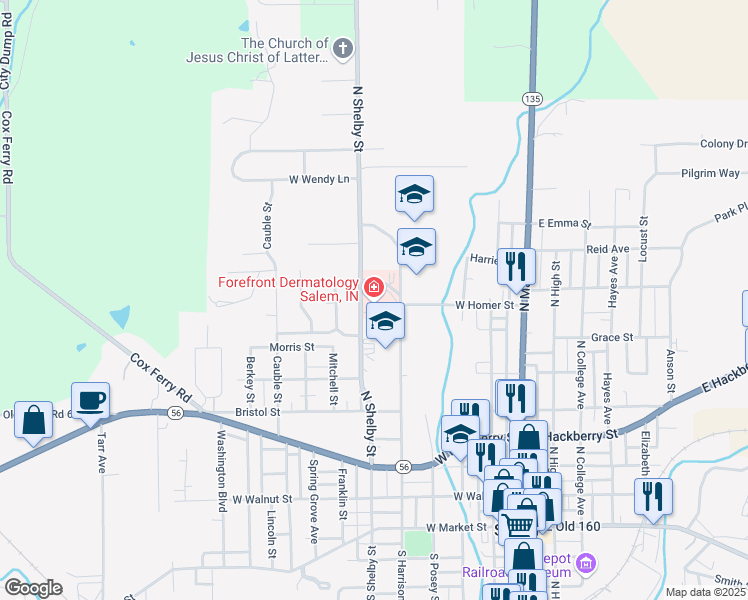 map of restaurants, bars, coffee shops, grocery stores, and more near 911 North Shelby Street in Salem